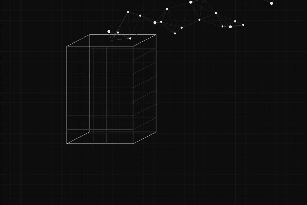 Ilustração de prédio em wireframe conectado a uma rede de nós de inteligência artificial