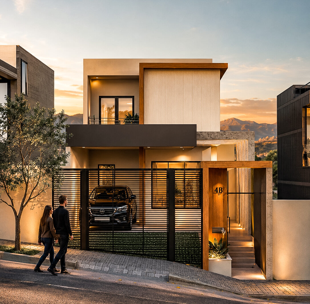 Fachada da Casa DL ao entardecer, com casal caminhando na calçada