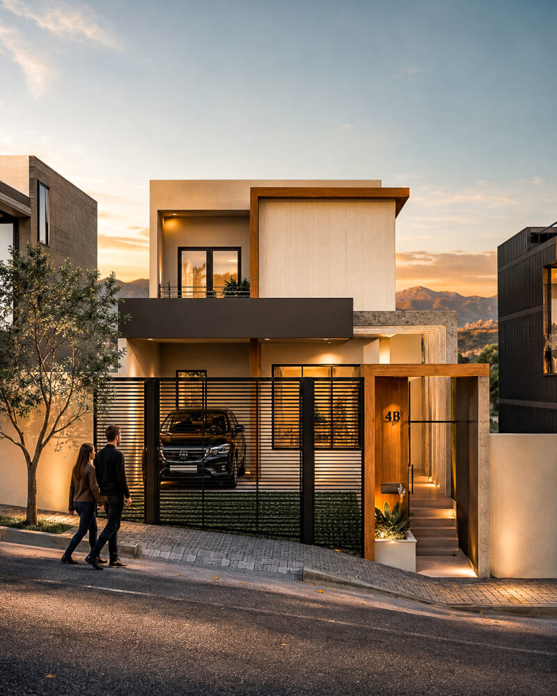 Fachada da Casa DL ao entardecer, com casal caminhando na calçada