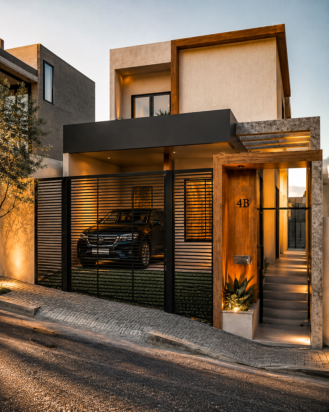 Fachada da Casa DL com iluminação noturna
