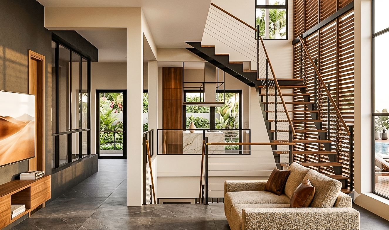 Sala de estar da Casa DL com sofá e decoração contemporânea