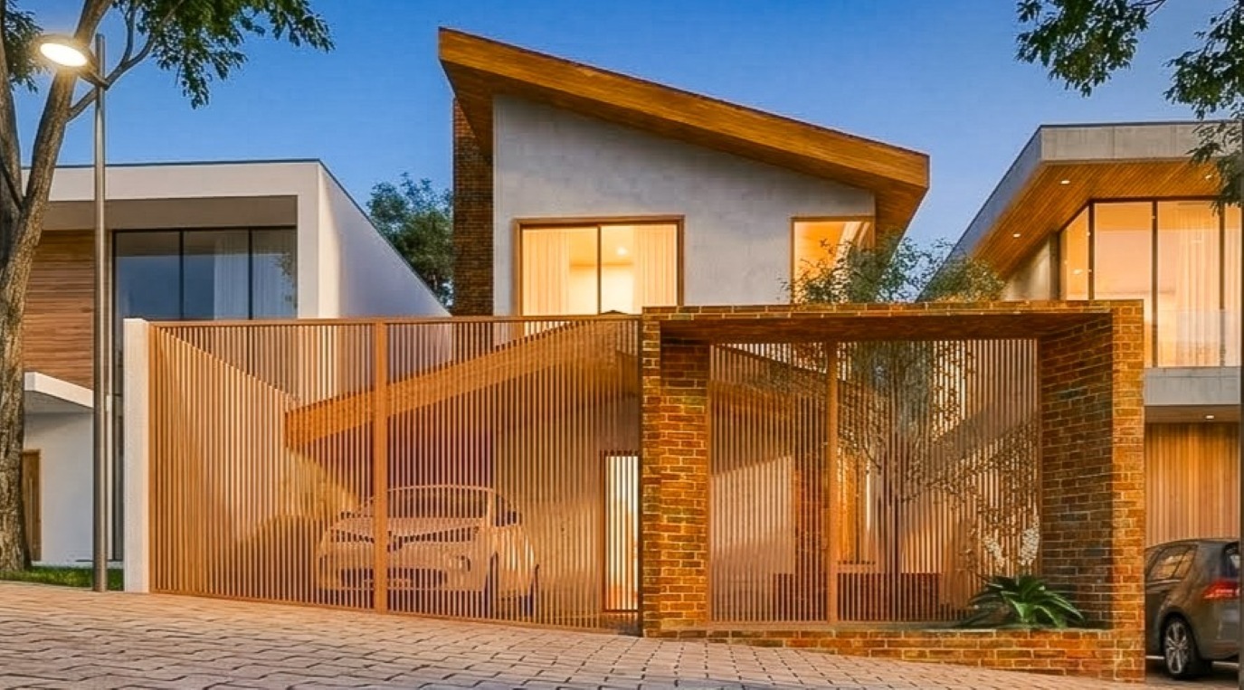 Caminho de entrada da Casa LC iluminado ao entardecer
