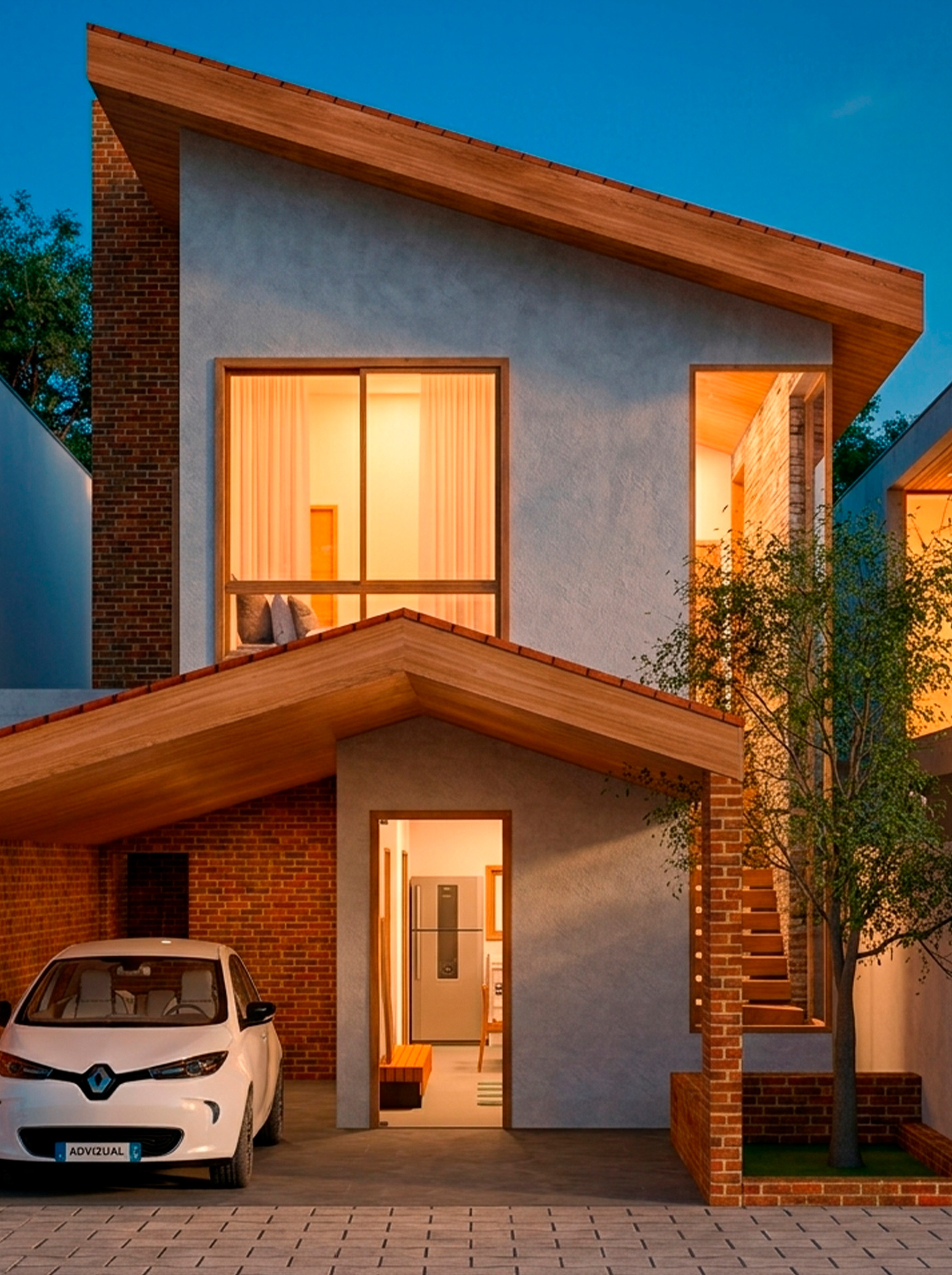 Fachada da Casa LC com carro na entrada, à noite