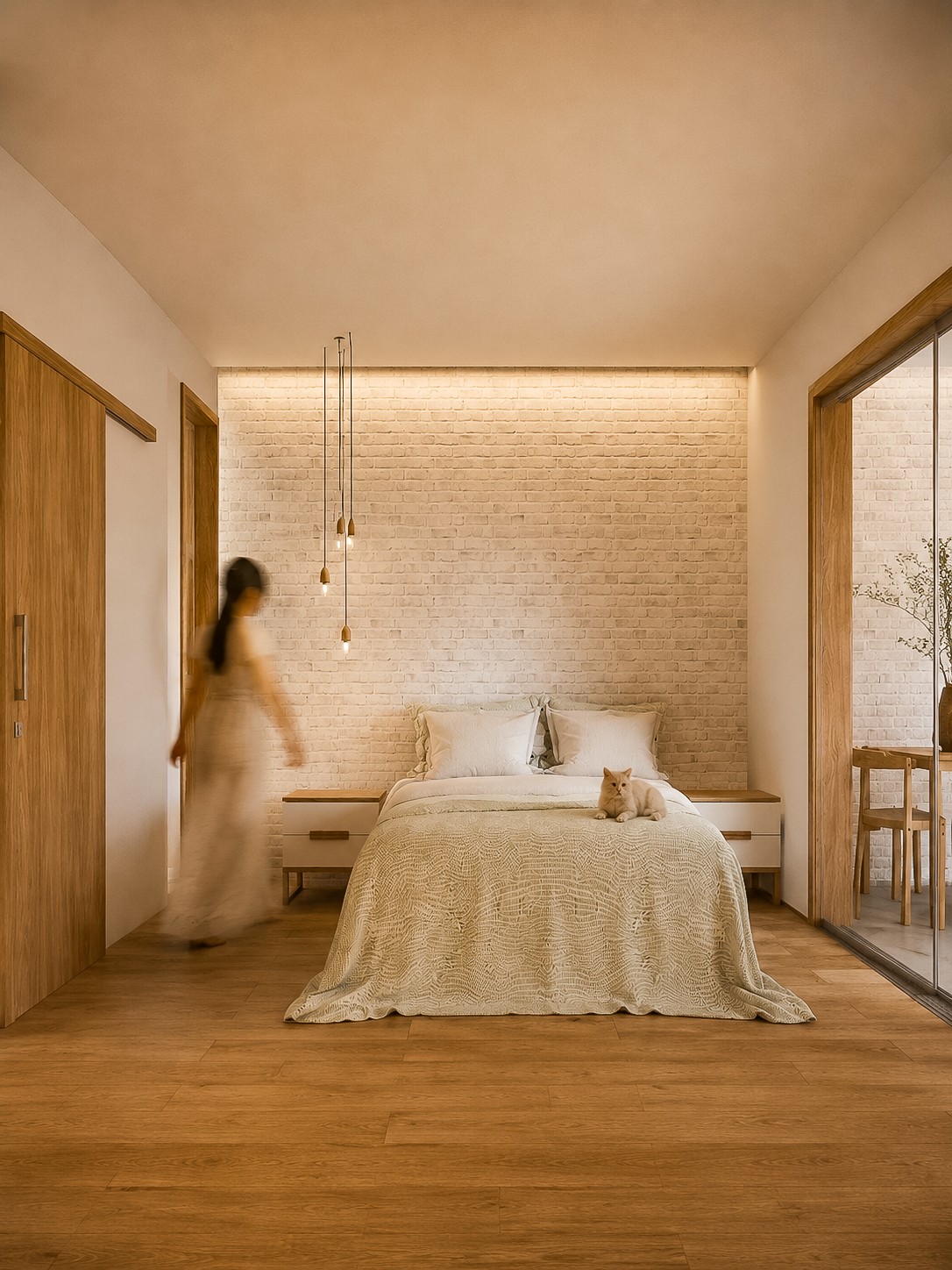 Quarto da Casa LC com cabeceira em tijolo aparente