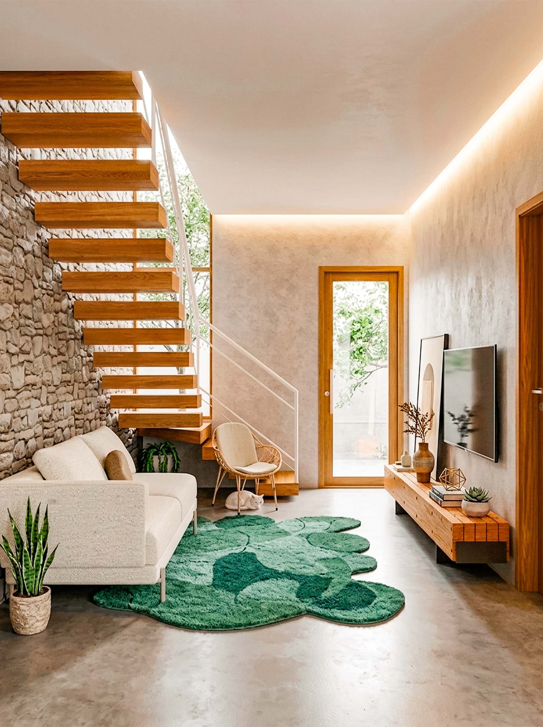 Sala de estar com escada de madeira e tapete verde