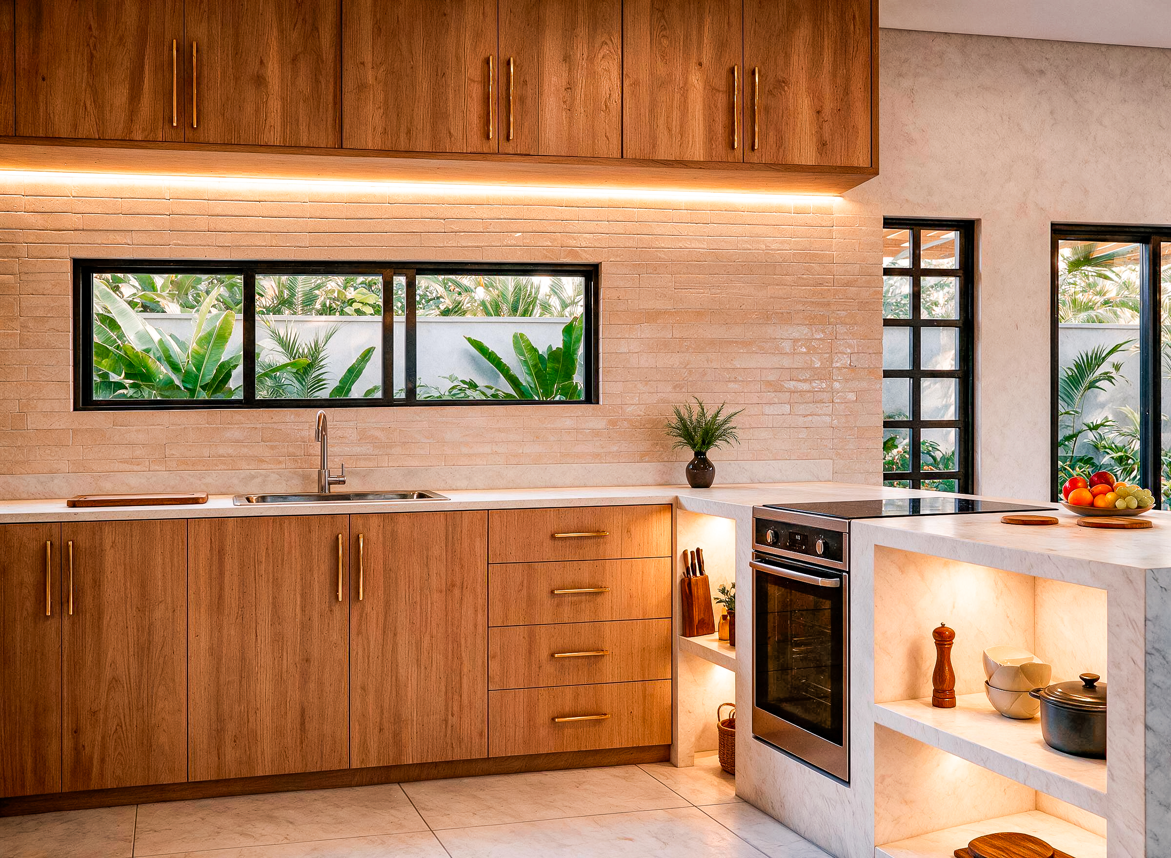 Cozinha planejada com bancada e cooktop