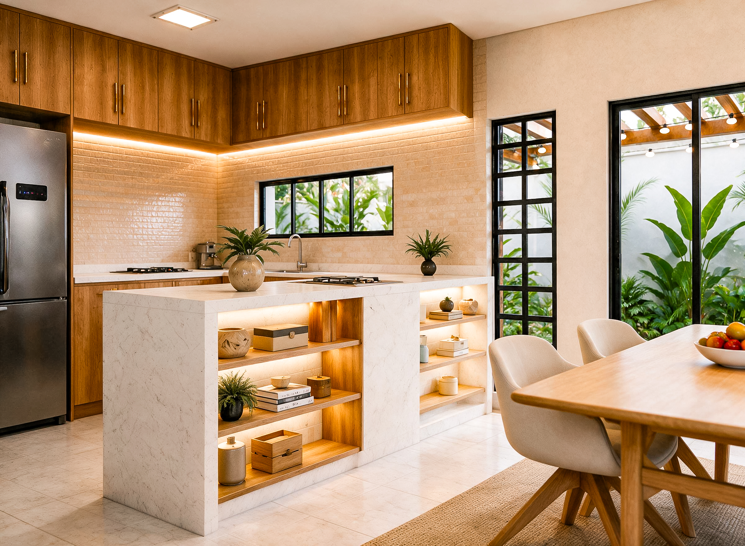 Cozinha com ilha central e vista para a sala de jantar