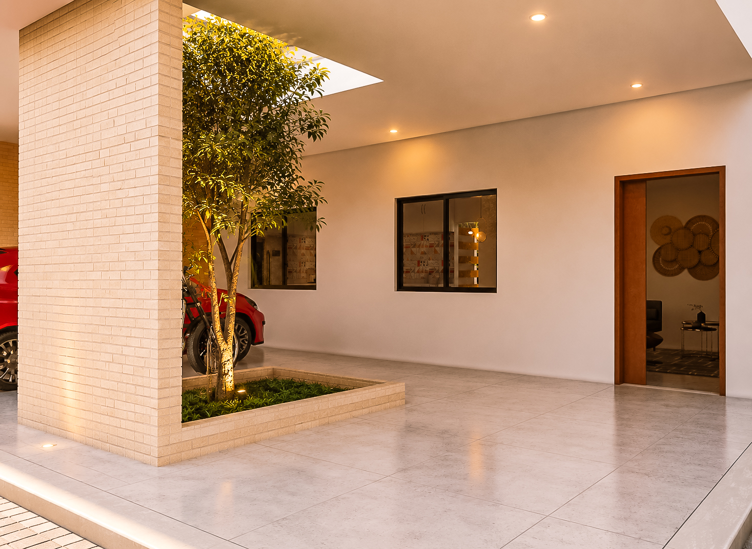 Pátio de entrada coberto com jardim central e carro