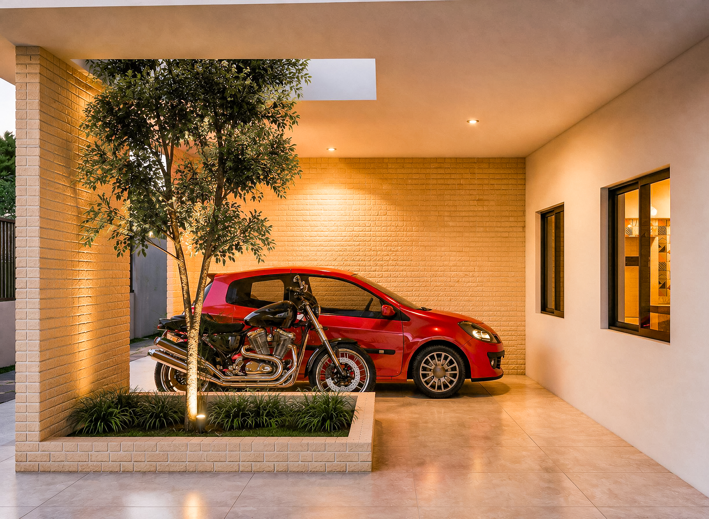 Vista ampla da garagem coberta com carro e motocicleta