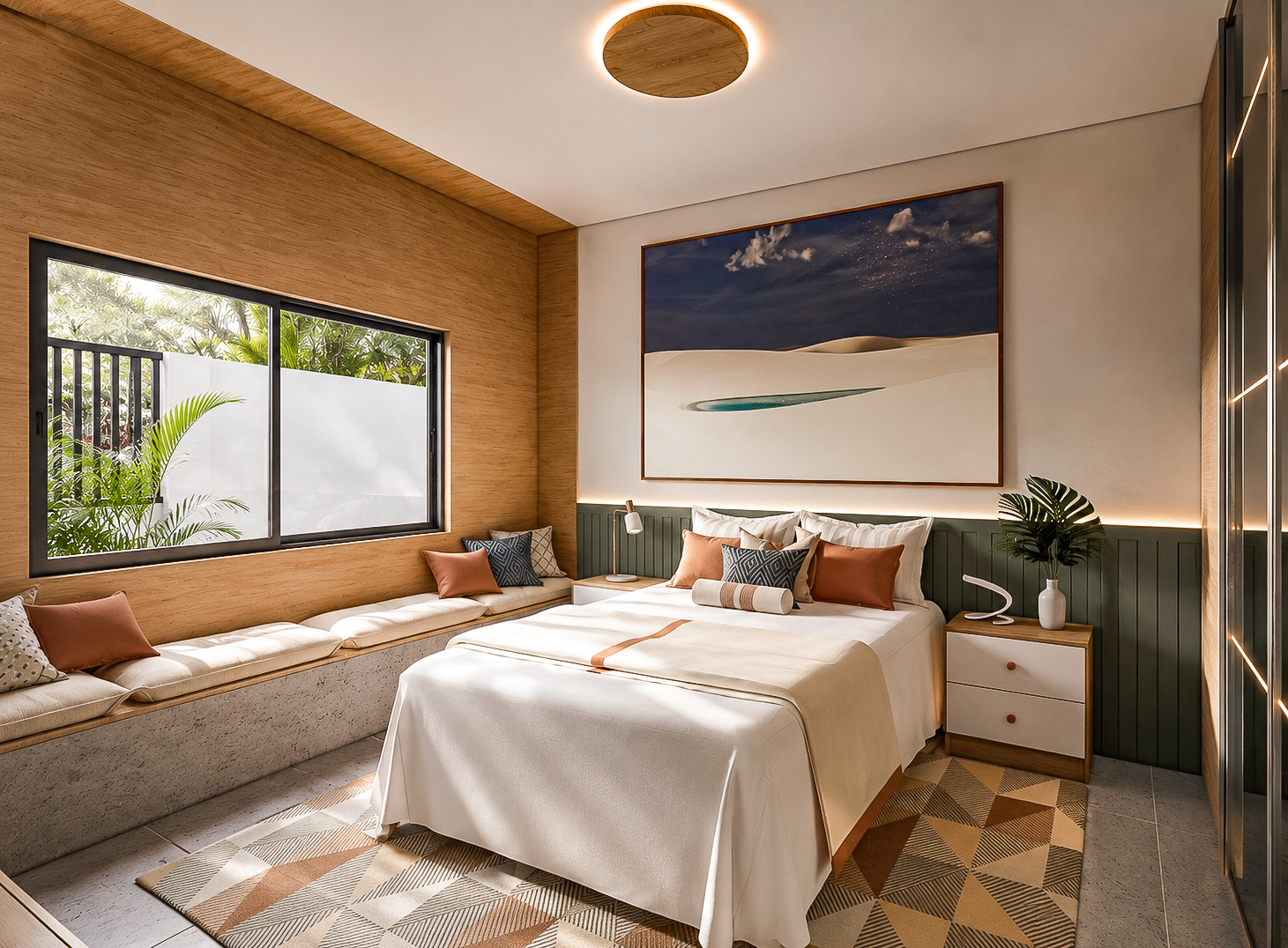 Quarto com quadro decorativo e banco sob a janela