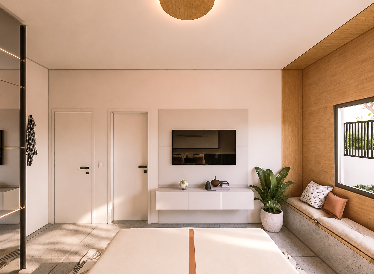 Quarto com painel de madeira, televisão e closet espelhado