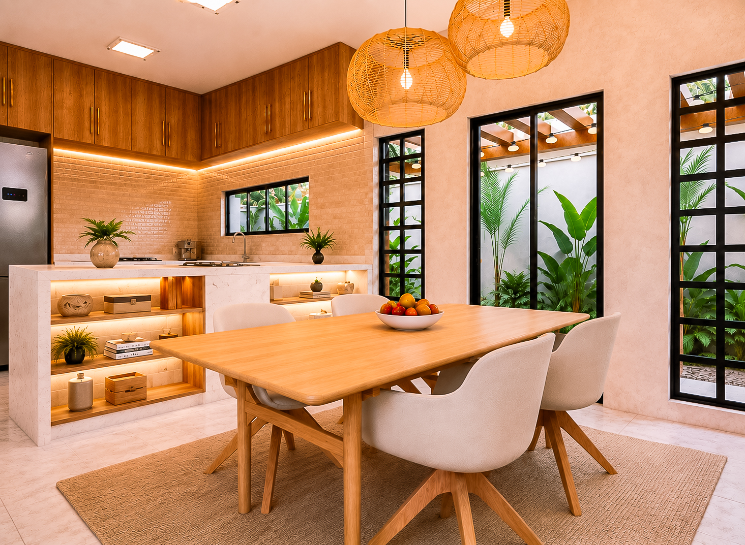 Sala de jantar com mesa de madeira e luminárias pendentes