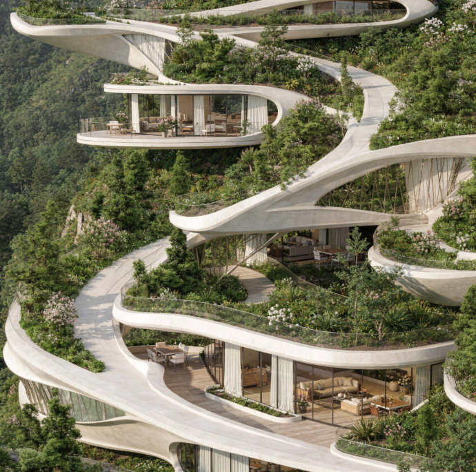 Renderização conceitual de projeto arquitetônico contemporâneo