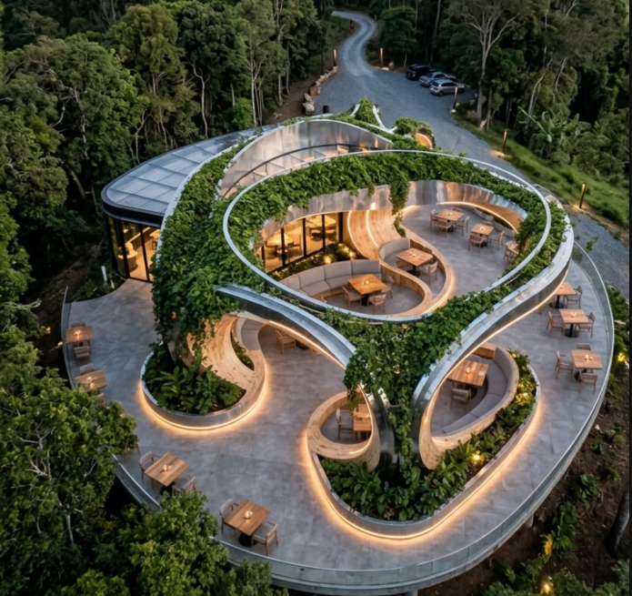 Renderização conceitual de projeto arquitetônico com curvas orgânicas integradas à paisagem