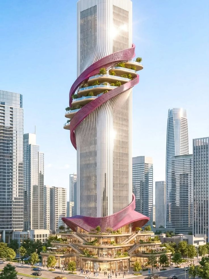 Renderização conceitual de torre residencial com terraços escalonados e vegetação integrada