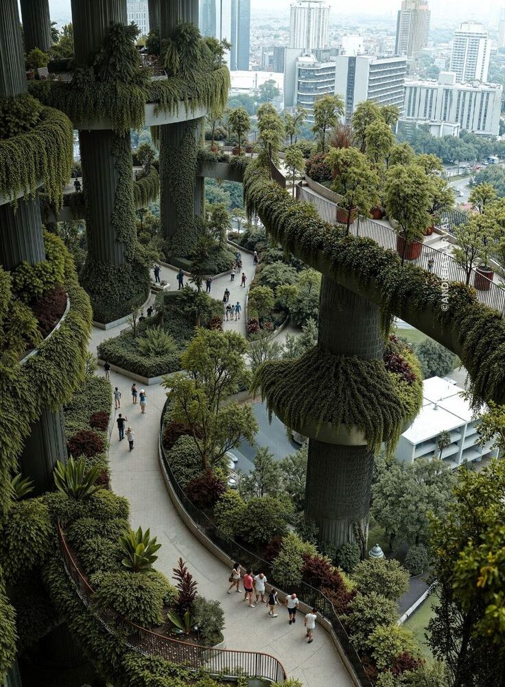 Renderização conceitual de torres residenciais emergindo de jardim exuberante