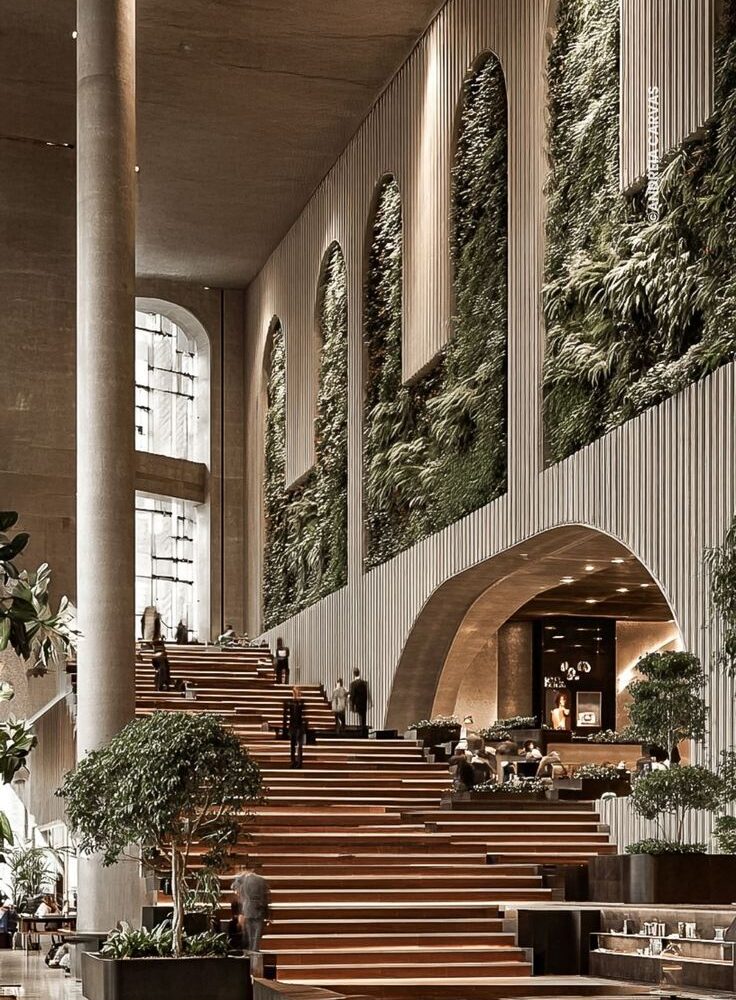 Renderização conceitual de escadaria monumental entre colunas esculturais