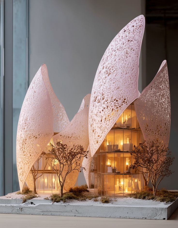 Renderização conceitual de pétalas urbanas em floração, estrutura orgânica contemporânea
