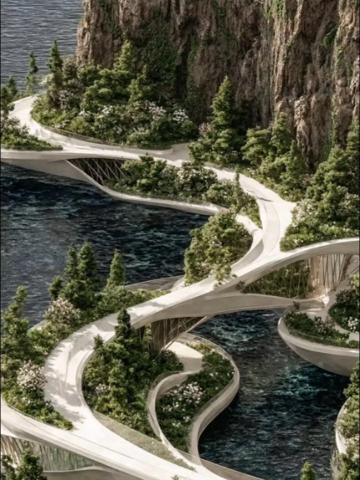 Renderização conceitual de caminhos sinuosos ao longo de rio de montanha