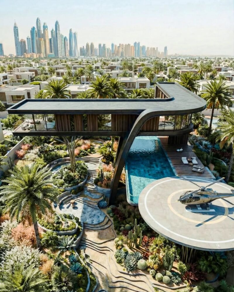 Renderização conceitual de vila contemporânea com piscina, heliponto e vista para o skyline