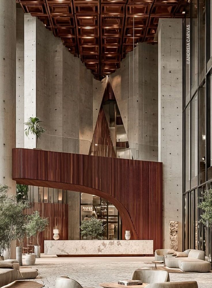 Renderização conceitual de lounge em madeira com geometria fluida