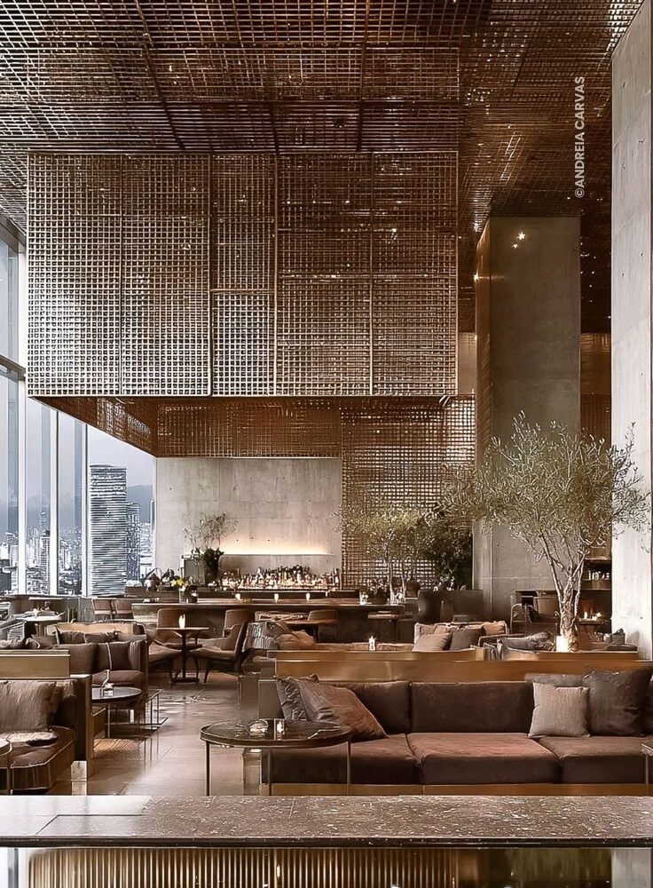 Renderização conceitual de restaurante de hotel cinco estrelas com vista panorâmica