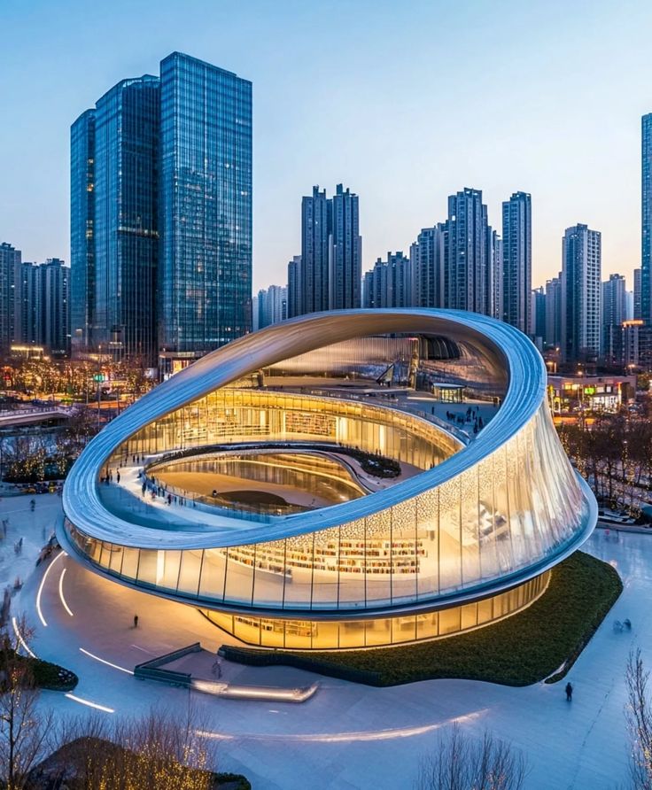 Renderização conceitual de biblioteca urbana futurista em formato de anel contínuo