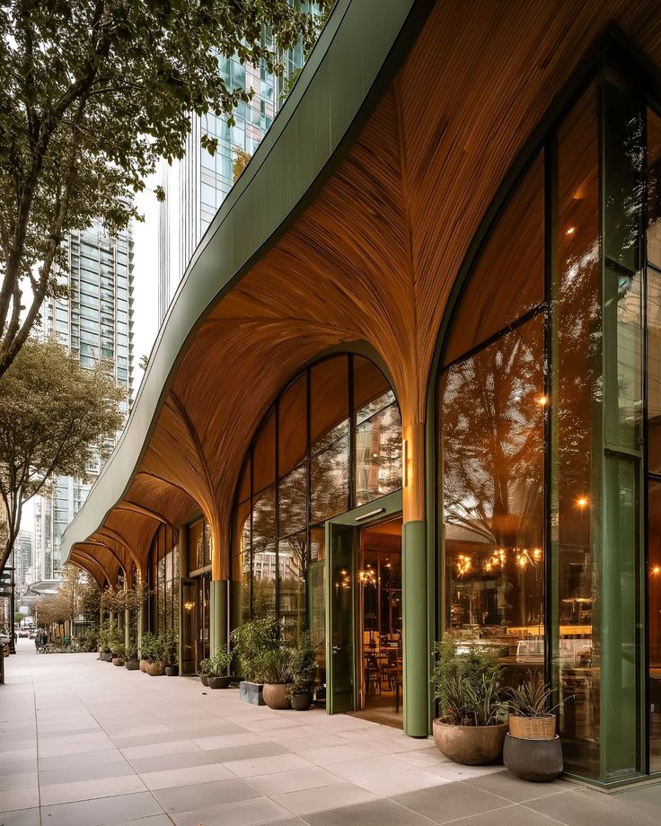 Renderização conceitual de café entre colunas integradas à natureza